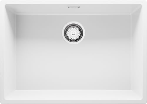 PRIMAGRAN Evier Sous Plan Blanc 66x47cm, Evier en Granit 1 bac + Kit de Vidage, Évier al mueble 70cm - London S388