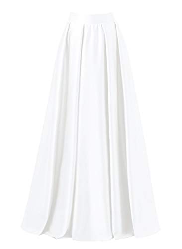 Diydress Womens Satin Flared Swing Maxi Skirt Long Floor Length High Waist Fomal Prom Party Skirts with Pockets White