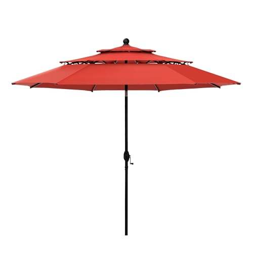 MFSTUDIO 10ft 3 Tier Patio Outdoor Umbrella, Market Table Sun Shade Umbrellas for Backyard Deck Poolside, Auto-tilt, Red