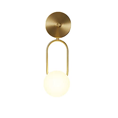 ZZZYZ Aplique de pared moderno de latón con pantalla redonda de cristal de globo blanco, lámpara de pared vintage de latón cepillado para dormitorio, pasillo, accesorio de iluminación, dorado, 12 x 38