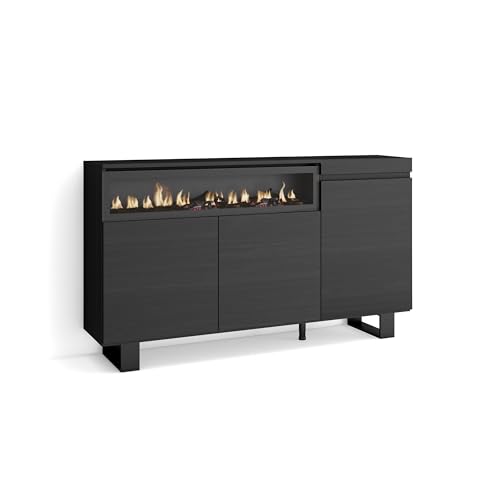 Skraut Home | Aparadores para salón | Gran Capacidad de almacenaje | 150x87x35cm | 3 Puertas | Chimenea eléctrica | Diseño Industrial | Estilo Moderno | Negro