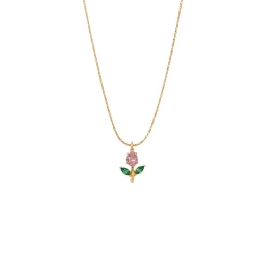 Image of Pink and Green Mini Tulip Pendant Necklace for Women with Pink Crystal, Floral Charm Chain Stainless Steel Anti Tarnish Waterproof Hypoallergenic, Gift for Her