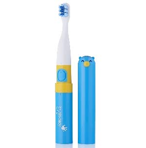 brush-baby Go-Kidz Toddler and Kid Electric Travel Toothbrush for Ages 3+ Years - Stickers, 2-Speed Vibration, and Smart Timer Provide a Fun Brushing Experience - (1) 3+ yrs Brush Head Include - Blue