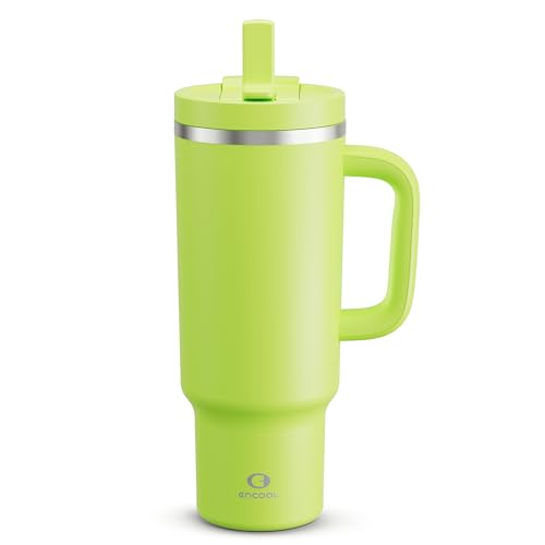 Image of ENCOOL 40 oz Tumbler with Handle and Straw: Stainless Steel Insulated Tumbler Keeps Cold for 24 Hours, Leakproof Travel Cup Fits in Cup Holder and BPA-Free,Sharp Green