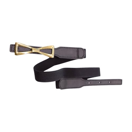Women Black Fashion Belt - Skinny Elastic Waistband Hip High Waist Gold Bow Buckle S M z2184