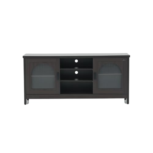 Image of Royaloak Texas American LCD Stand | Wooden TV Cabinet with Melamine Finish and Dark Wooden Color | Elegant Curved Glass Doors with Fluted Design | TV Unit with Storage and Soft Closure Hinges