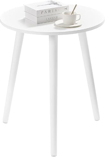 Image of END Table Side Table, Round Solid Wood End Table Coffee Table Flower Stand Small Spaces, Easy Assembly Modern Bedside Table (Full White)