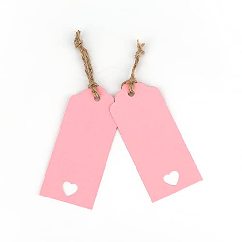 G2PLUS 100PCS Kraft Paper Gift Tags Hollow Heart Wedding Favor Tags with Twine for Mother's Day, Valentine's Day, Birthday Gift Wrap, Baby Shower Favors, DIY Craft Homemade Gifts (Pink)