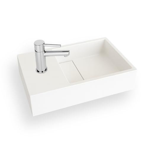 Lave-mains suspendu blanc mat MANITA G - Lavabo rectangulaire en Solid surface 35cm