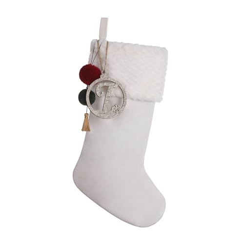 Pxniy Personalized White Velvet Christmas Stocking, Gold Wooden Initial