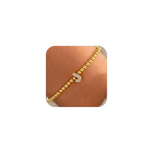 Fimhut Zircon Initial Bracelet for Women - Never-Fade Personalized Jewelry, Dainty 14K Gold Plated Beaded Bracelets for Women Trendy Letter J Personalized Jewelry Gifts