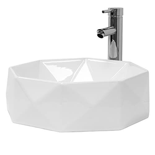 ML-Design Lavabo en Céramique Blanc Brillant Ø 42x13,5 cm avec Garniture de Vidage 1 1/4" Universelle sans Trop-Plein, Design Diamant, Vasque à Poser Moderne, Évier Lave-Mains Salle de Bains Toilettes Cover