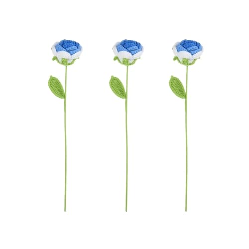 pixomixo 3PC Crochet Flower Roses, Handmade Finished Roses, Artificial Rose Knitted Flowers Gift for Her, Women, Birthday, Anniversary, Mother’s Day (Blue)