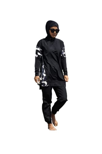 Huma & Hazel - Fully Covered Modest Black Swimsuits Patterned Style Burkini Swimwear 3 Pieces - Made in Turkey2