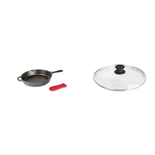Lodge Cast Iron Skillet with Glass Lid and Silicone Handle Holder, 10.25-inch