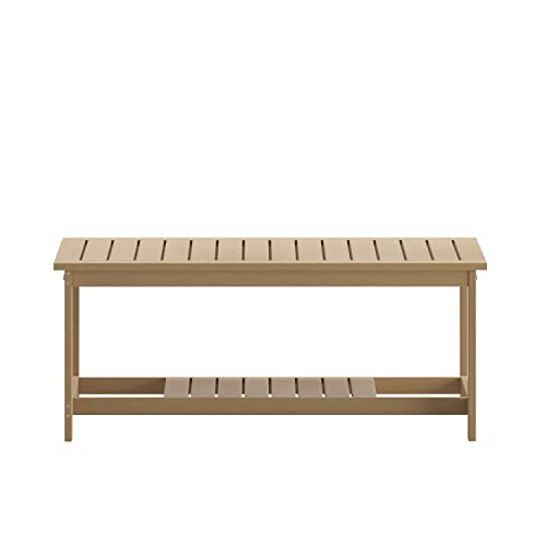 Flash Furniture Charlestown Two Tiered Commercial Grade Adirondack Coffee Table - Natural Cedar Finish Poly Resin Wood - All-Weather - Slatted Shelf Design #TOP1