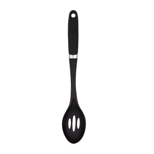 Creative Kitchen Slotted Spoon | Strong Heat Resistant Nylon Utensil | Soft Comfort Grip Handle | Sleek Modern Design with Chrome Trim | Dishwasher Safe | Black/Chrome