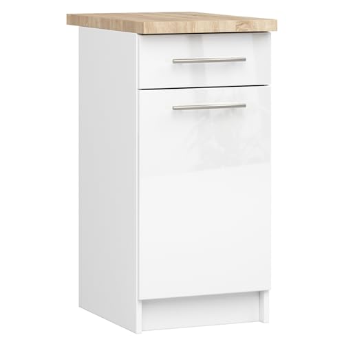 AKORD | Mueble de Cocina con encimera - Oliwia S40 | Mueble Base con Puerta, cajón y 2 estantes | Mueble de Entrada | Aparador | Isla | Armario | 46x40x85 cm | Blanco | Blanco Brillante