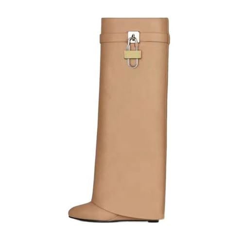 WILDKATZEN Women's Knee High Boots Fold over Wedges Boot Padlock Long Boots