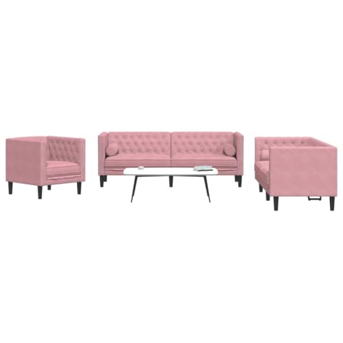 Ordellia Juego de sofá Chesterfield de terciopelo rosa con 3 piezas, diseño de lujo para relajarse con estilo