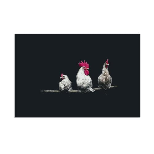Tableau coq et poule noir et blanc 90x60cm pour decoration murale