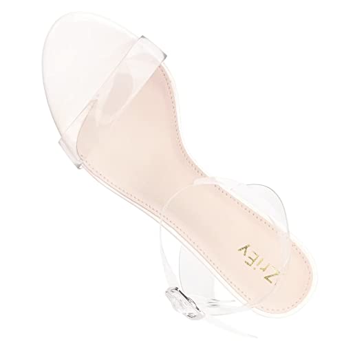 Zriey Women's Beige Clear Block Heels 2 Inch Strappy Chunky Low Heeled Sandals Open Toe Clear Block High Heels Ankle Strap Adjustable Buckle Lucite High Heel Shoes Beige Size 8 #TOP4