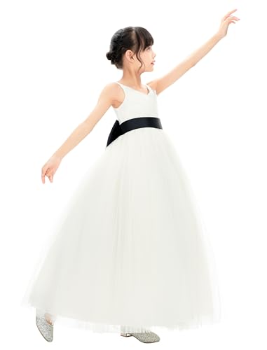 Ivory V-Neck Tulle Flower Girl Dress with Tiebow for Pageant Wedding 218noFT