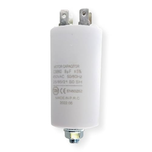 DEKAROX Condensador universal de 8 µF, 450 V, diâmetro de 30 x 57 mm, com 6,3 mm AMP, parafuso de fixação M8 CBB60, condensador de arranque e funcionamento para eletrodomésticos