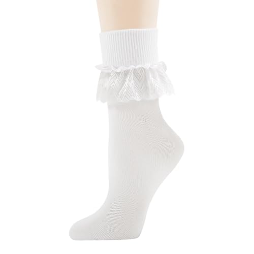 Image of 1 Pair White Ruffle Socks Woman Lace Frilly Ankle Socks Soft Cotton Socks Cute Princess Socks Fashion Dress Socks Lolita Socks for Women (White - 1 pair)