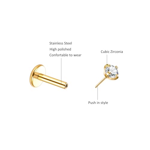 Image of Oveta Threadless 16G Lip Rings for Women Flat Back Tragus Cartilage Earrings Piercing Jewelry Gold 1 /4 inch Short Bar Stainless Steel