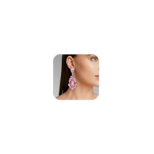 Prom Drop Chandelier Earrings for Women Dangling Bling Hypoallergenic Large Rhinestone Pink Earrings Formal Wedding Jewelry
