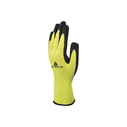 Deltaplus VV735JA09 Acrylic Fine Knit Glove - Palm with Latex Foam Coating, Neon Yellow/Black, Size 09