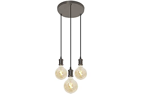4lite Indoor Vintage 3-Way Circular Plate Pendant Ceiling Light (Blackened Silver) Light with 1.5m Adjustable Cable & 3X 640lm E27 G125 LED Smart Amber Coated Filament Bulb- 4L1/7016-4Yr Guarantee