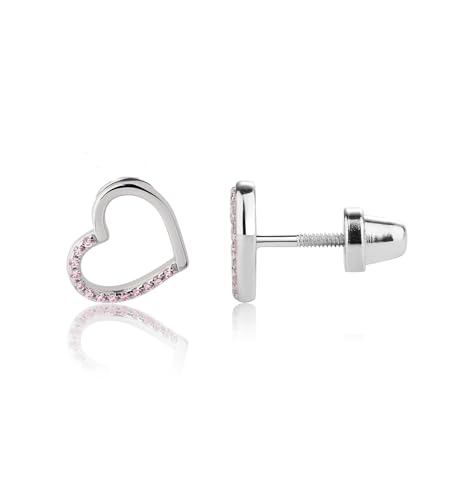 Cherished Moments Children's Sterling Silver or 14k Gold Plated Floating Heart Screw Back Earrings with Pink or Clear CZ's for Babies, Little Girls, Kids and Toddlers