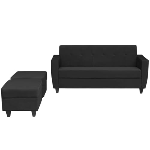 Image of FURNY Aura 3 Seater Fabric Sofa Set with 2 Puffys for Living Room - (Dark Grey)