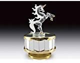 Unicorn Music Box: 6.5" H, Impossible Dream Tune, Hand Spun Glass, Rotating Mirrored Pedestal