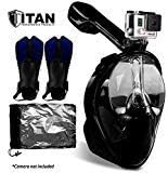 Full Face Snorkel Mask and Fins | Easy Breathe Mask with 180 Degree Panoramic View | Complete Snorkel Set includes Anti-Fog Diving Mask and Adjustable Diving Fins in Mesh Drawstring Bag