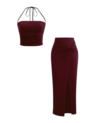 Verdusa Womens 2 Piece Vacation Outfits Ruched Crop Halter Top with Asymmetrical Slit Long Skirt Going Out Sets Burgundy Medium