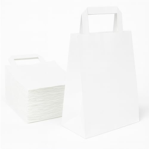 Commerline Papiertragetaschen 18+8x22 cm 250 Stück | Weiß Papiertüten | Kraftpapier Tüten mit Henkel | Geschenktüten, Papiertaschen, Papiertüte | Klein