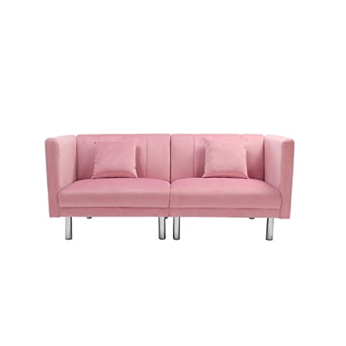 Modern Velvet Fabric Sofa Bed Futon With 2 Pillows,Couch With 3 Adjustable Angles,Convertible Small Loveseat Folding Sleeper Sofa Bed For Compact Living Spaces,Bedroom,Apartment,Office Dorms (Pink) #TOP4