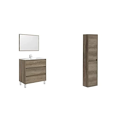 ARKITMOBEL Mueble De Baño con 3 Cajones Y Espejo, Modulo Lavabo, Modelo Dakota + Columna De Baño Suspendido 2 Puertas, Mueble Lavabo, Modelo Dakota