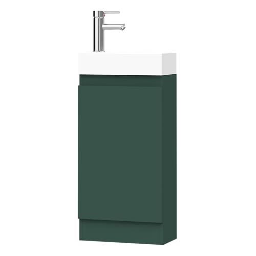 BELOFAY 400mm Floor Standing Bathroom Vanity Unit With Basin - Slim Waterproof Laquered Cloakroom Vanity Unit with 1 Tap Hole Ceramic Basin & Waste | Reversible Tap Fitting (Denvor Green)
