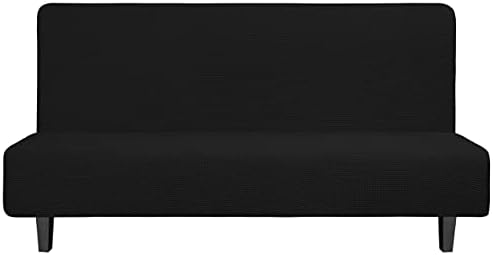 Easy-Going Stretch Futon Slipcover Armless Futon Bed Cover Furniture Protector Without Armrests with Elastic Bottom for Kids, Soft Jacquard Fabric Small Checks (Large, Black)