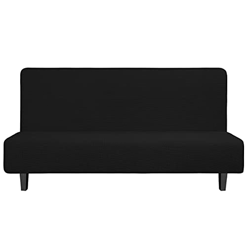 Easy-Going Stretch Futon Slipcover Armless Futon Bed Cover Furniture Protector Without Armrests with Elastic Bottom for Kids, Soft Jacquard Fabric Small Checks (Large, Black) Large Black