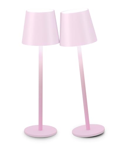 2Pack Cordless Table Lamp, 5200mAh IP54 Waterproof Rechargeable Battery Desk Lamp, 3 Color Stepless Dimming Up, Battery Operated Lamp for Kitchen/Bedside/Outdoor/Restaurant (Light Pink)