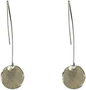 GIMEFIVE Just Follow Shiny Hammering Circle Disc Small Dangle Drop Hanging Earrings Long Hoops Geometric Brushed Gold Round Filled Everyday Jewelry for Women and girl (Long Design- Silver)