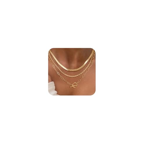 CHESKY Gold Layered Herringbone Necklaces for Women, Trendy 14K Gold Plated Paperclip Snake Chain Necklace Cuban Link Simple Chunky Toggle Clasp Necklace Set Fashion Jewelry