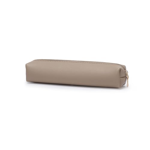 Image of Faux Leather Color Pencil Case Multifuncional and Simple with Zipper for School (Khaki,Faux Leather)