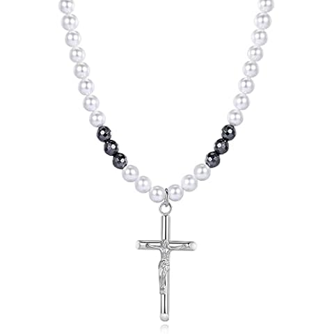 GAVU Collar Rosario de Perlas y Hematita con Cruz Cristiana Cover