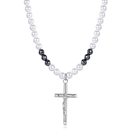 Collier perle de coquillage hématite homme pendentif crucifix acier inoxydable femme 60cm